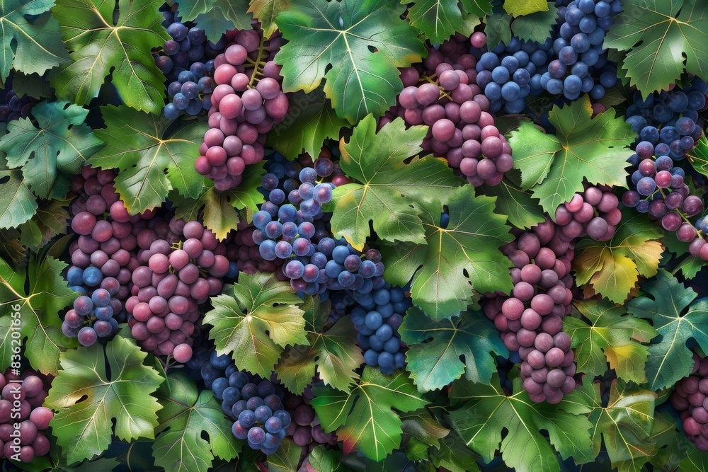 Close-up of vibrant grape clusters with lush green leaves, perfect for wine, vineyard, and agriculture themes. Close-up of vibrant grape clusters with lush green leaves, perfect for wine, vineyard, and agriculture themes.