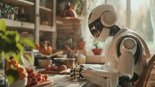 Friendly AI Robot Assisting Elderly Person with Daily Tasks like Cooking and Cleaning in Cozy Home Setting. A Heartwarming Scene of Technology Enhancing Senior Care