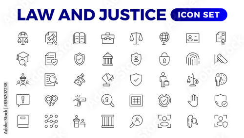 Law and Judgement line icons Illustration. Justice, Court of law and Government outline icon set.