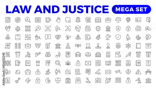 Law and Judgement line icons Illustration. Justice, Court of law and Government outline icon set.