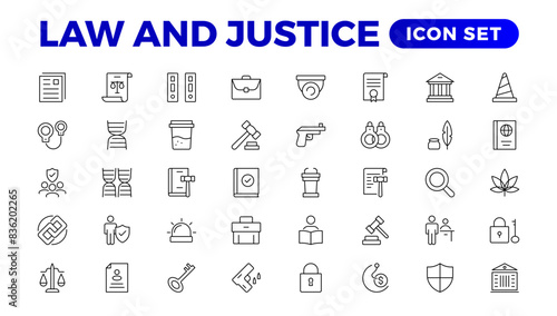 Law and Judgement line icons Illustration. Justice  Court of law and Government outline icon set.