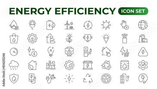 Energy efficiency icon set. Calculator, energy-saving light bulb, piggy bank, solar panel, circular economy, battery, home insulation, energy class vector illustration