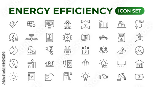 Energy efficiency icon set. Calculator, energy-saving light bulb, piggy bank, solar panel, circular economy, battery, home insulation, energy class vector illustration