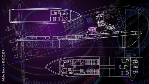 Line art sketch wallpaper of water transportation series. Drafting art. Lines Drawing against dark background. 