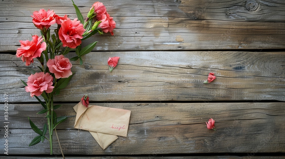 flower and letter on wooden background flower and letter on wooden background