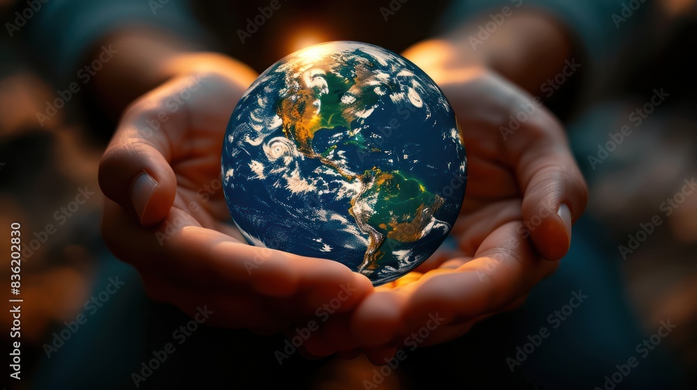 Model globe in hand save the world concept Model globe in hand save the world concept