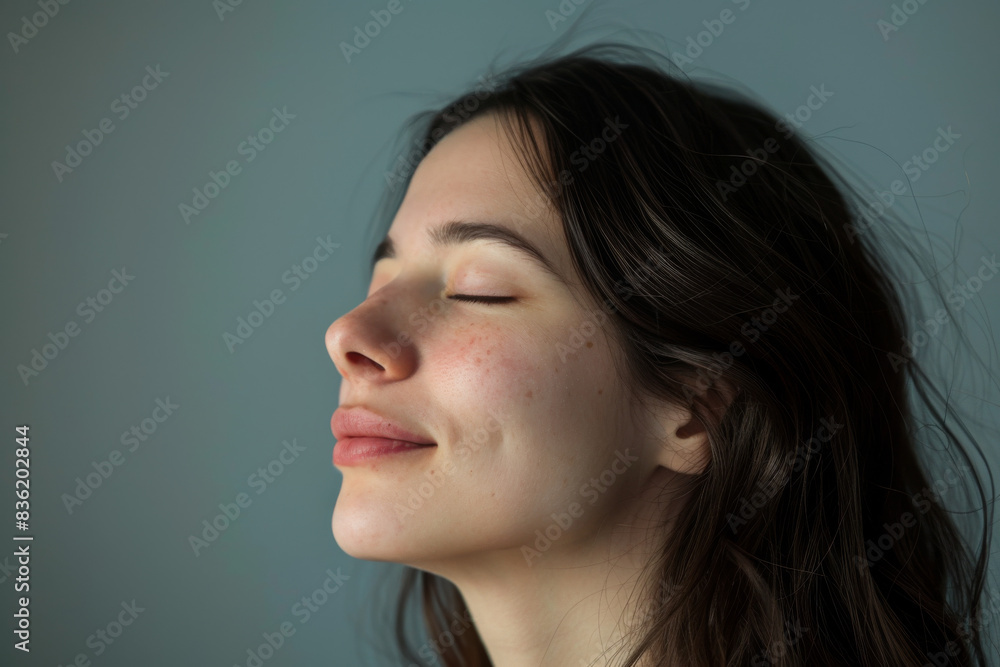 A close up of a woman's face with her eyes closed looking to a side A close up of a woman's face with her eyes closed looking to a side
