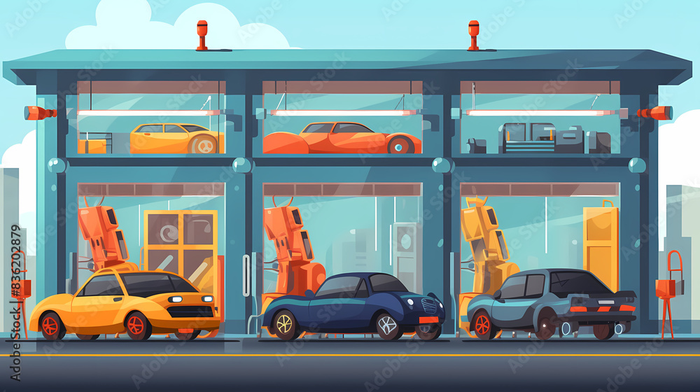 Fototapeta premium Robotized car factory cartoon concept vector image