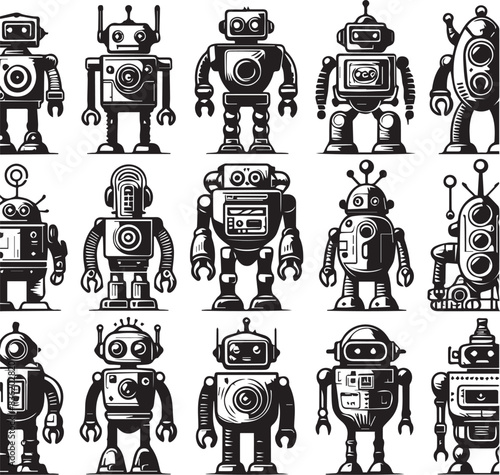 Set of Robots Vector Illustration Silhouette. Toy Machine Icon Retro technology