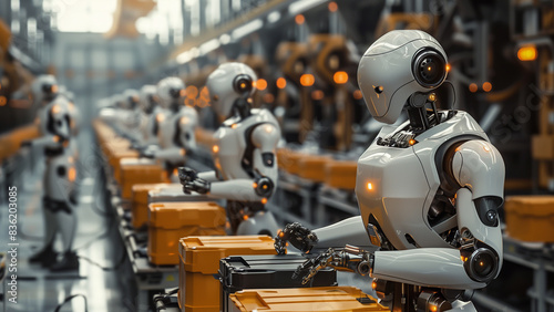 Humanoid robot working in harmonious factory setting
