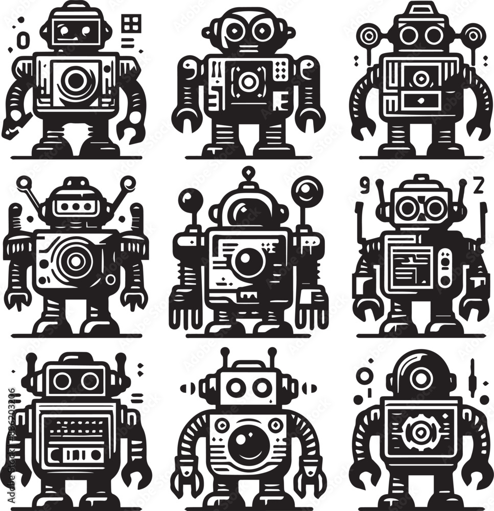 Set of Robots Vector Illustration Silhouette. Toy Machine Icon Retro technology