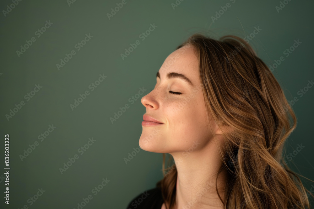 A close up of a woman's face with her eyes closed looking to a side A close up of a woman's face with her eyes closed looking to a side