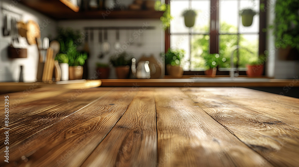 Wooden tabletop over defocused kitchen background. Wooden tabletop over defocused kitchen background.