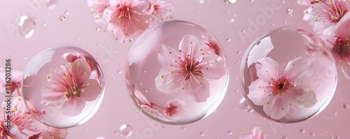pink cherry blossoms in transparent glass balls, pink background, petal textures, soft lighting, water droplets floating on the flower petals, blooming flowers, dreamy and romantic atmosphere