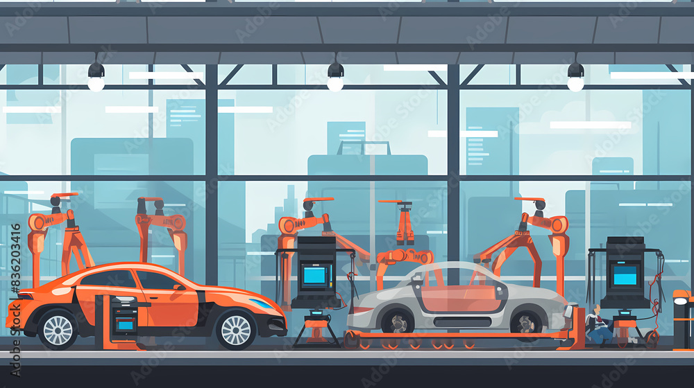 Robotized car factory cartoon concept vector image Robotized car factory cartoon concept vector image