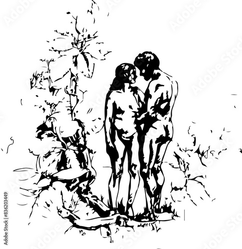 Black and White Sketch of Adam and Eve Under the Tree of Knowledge
