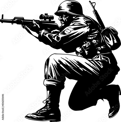 Silhouette of Soldier Aiming Rifle in Kneeling Position Representing Readiness and Focus