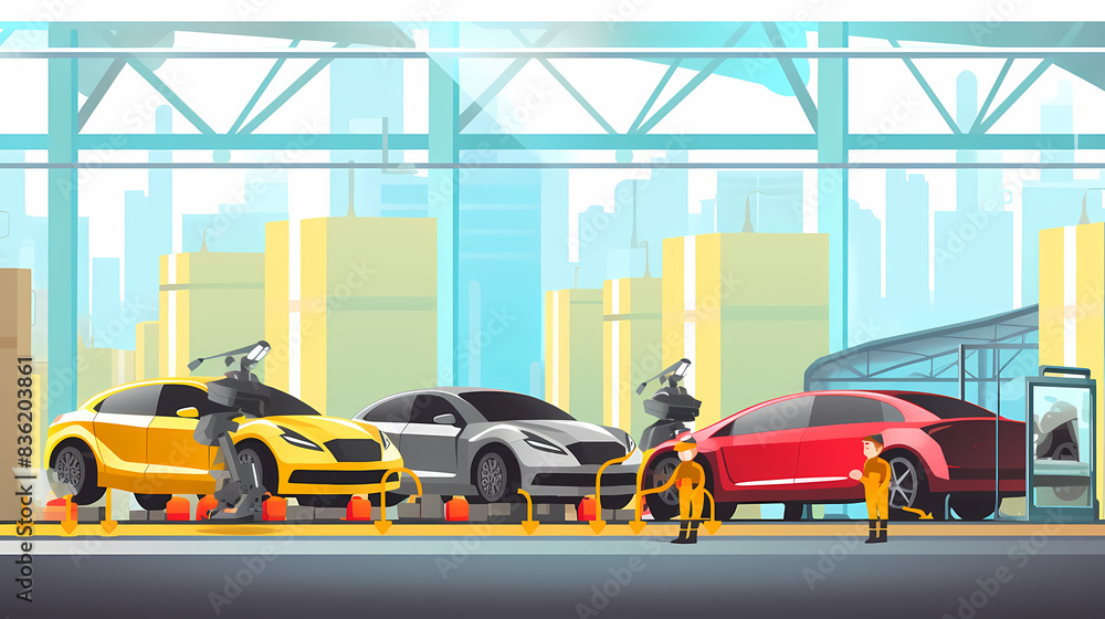 Robotized car factory cartoon concept vector image Robotized car factory cartoon concept vector image