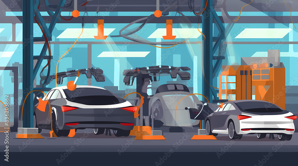 Robotized car factory cartoon concept vector image Robotized car factory cartoon concept vector image