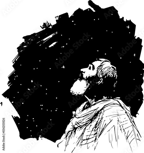 Illustration of Man Gazing at Starry Sky Reflecting Wonder