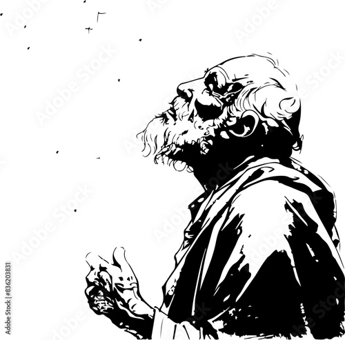 Monochrome Sketch of Elderly Man Gazing at Stars, Symbolizing Contemplation