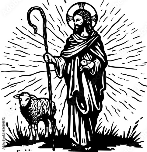 Woodcut Art of Shepherd and Sheep Symbolizing Guidance and Protection