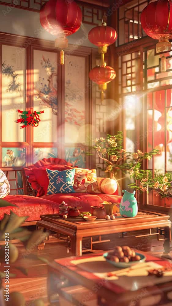home living room with decorative ornaments and joss paper for celebrating Chinese Lunar New Year, anime style home living room with decorative ornaments and joss paper for celebrating Chinese Lunar New Year, anime style