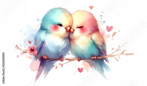 Watercolor of a couple cute birds and love hearts for Valentine's Day