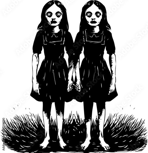 Creepy Twin Girls in the Grass, Representing Horror and Eerie Atmosphere