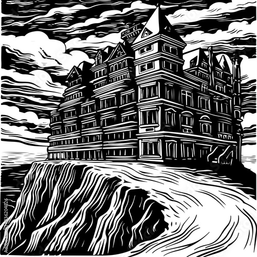 Spooky Cliffside Mansion at Night Illustrates Isolation and Fear