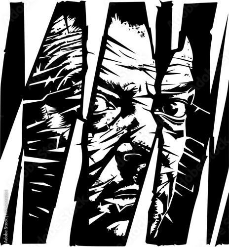 Stylized Horror Illustration of Fragmented Fearful Face in Black and White