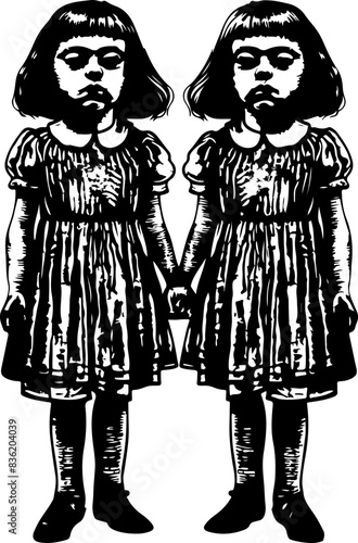 Vintage Twin Girls Illustration: Eerie and Mysterious Symbolism