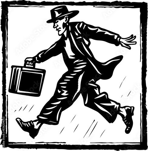 Retro Businessman Running with Briefcase, Symbolizing Urgency and Haste