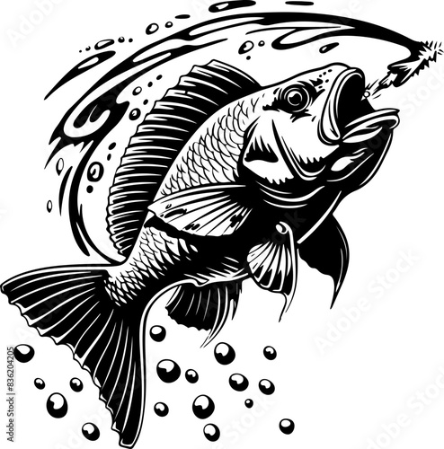 Black and White Illustration of Fish Biting Lure - Excitement of Fishing