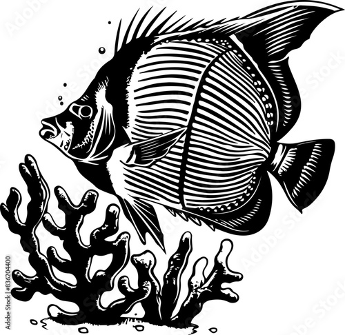 Black and White Angelfish Illustration with Coral - Marine Life Art and Elegance