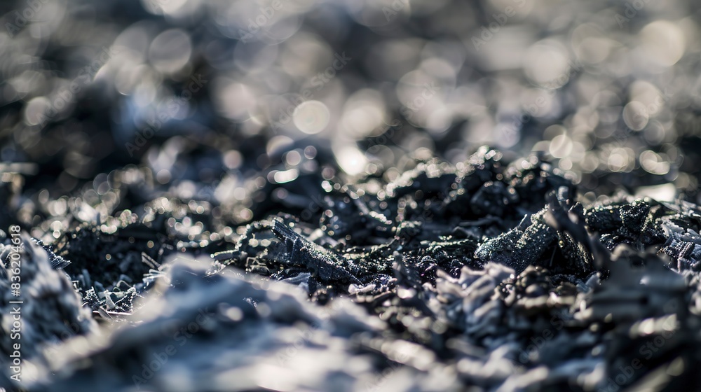 Close-up of ash residue from burned waste, focus on texture and color contrast, bright, clear light. Close-up of ash residue from burned waste, focus on texture and color contrast, bright, clear light.