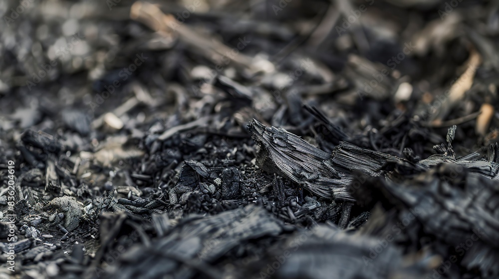 Close-up of ash residue from burned waste, focus on texture and color contrast, bright, clear light. Close-up of ash residue from burned waste, focus on texture and color contrast, bright, clear light.