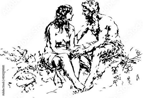 Sketch of Adam and Eve in Eden, Representing Human Origins and Connection