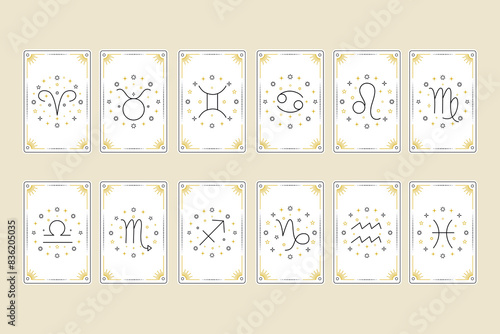 Collection of tarot cards with zodiac signs in line art styles.
