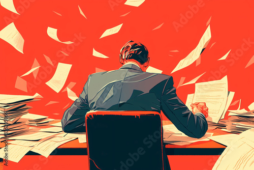 man sits at a desk surrounded by flying papers in a vibrant red background symbolizing overwhelming work pressure photo