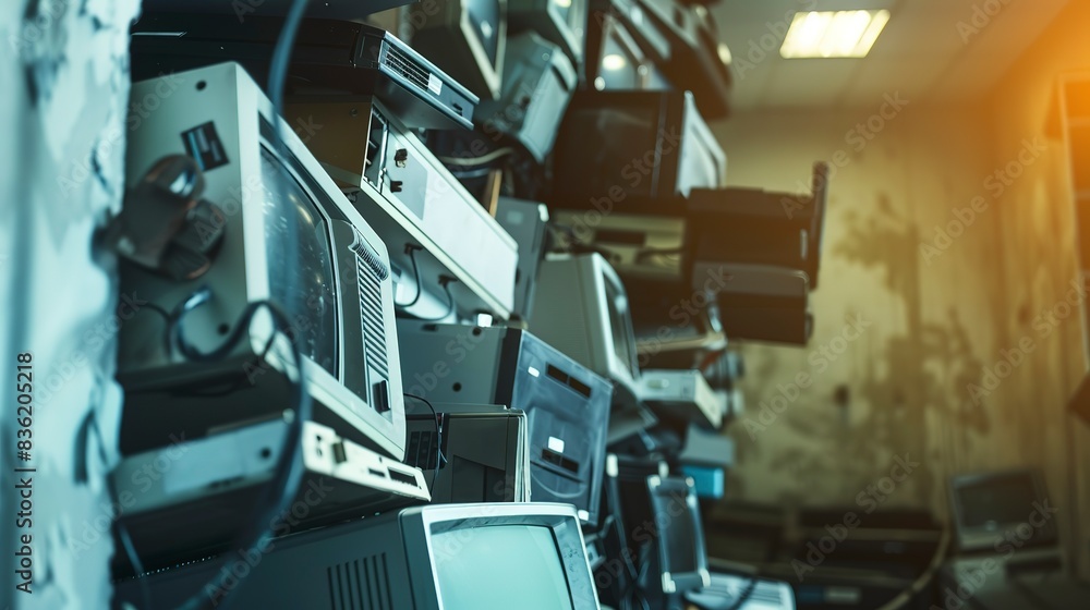 Tight shot of electronic waste stacked in a corporate recycling corner, focus on old devices, indoor, ambient light. Tight shot of electronic waste stacked in a corporate recycling corner, focus on old devices, indoor, ambient light.