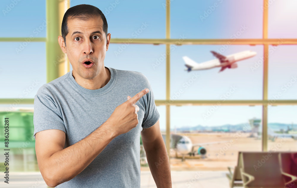 Fototapeta premium Handsome man wearing casual grey shirt at airport.Surprised pointing with finger to the side, open mouth amazed expression.
