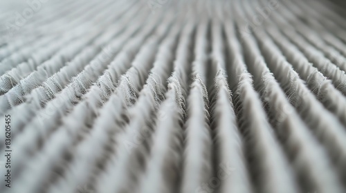 Macro of a high-efficiency particulate air (HEPA) filter in a recycling facility, focus on filter fibers, clear light.  photo