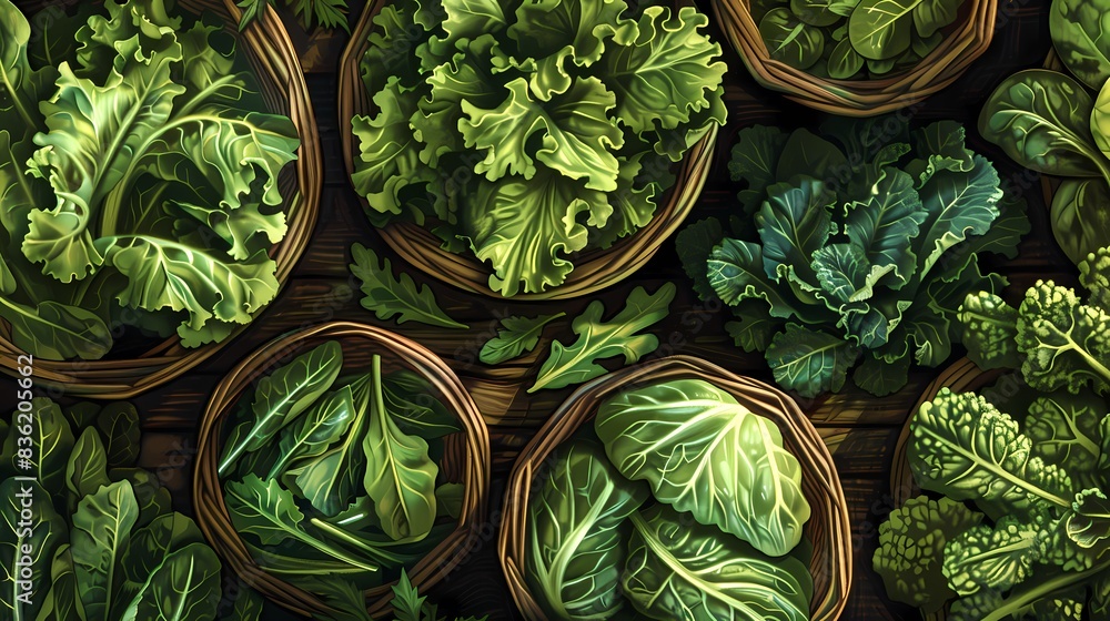 Assorted fresh leafy greens in wicker baskets at a farmers market Assorted fresh leafy greens in wicker baskets at a farmers market