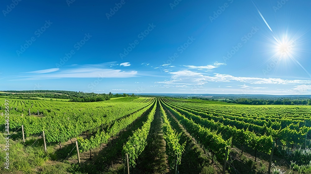 Wide panoramic shot of a summer vineyard. Travel to France. Deep blue sky over vineyard. Wine Route in sunny day. Gorgeous view over a South France landscape Wide panoramic shot of a summer vineyard. Travel to France. Deep blue sky over vineyard. Wine Route in sunny day. Gorgeous view over a South France landscape