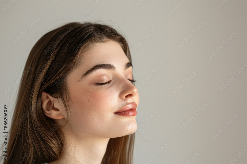 A close up of a woman's face with her eyes closed looking to a side A close up of a woman's face with her eyes closed looking to a side