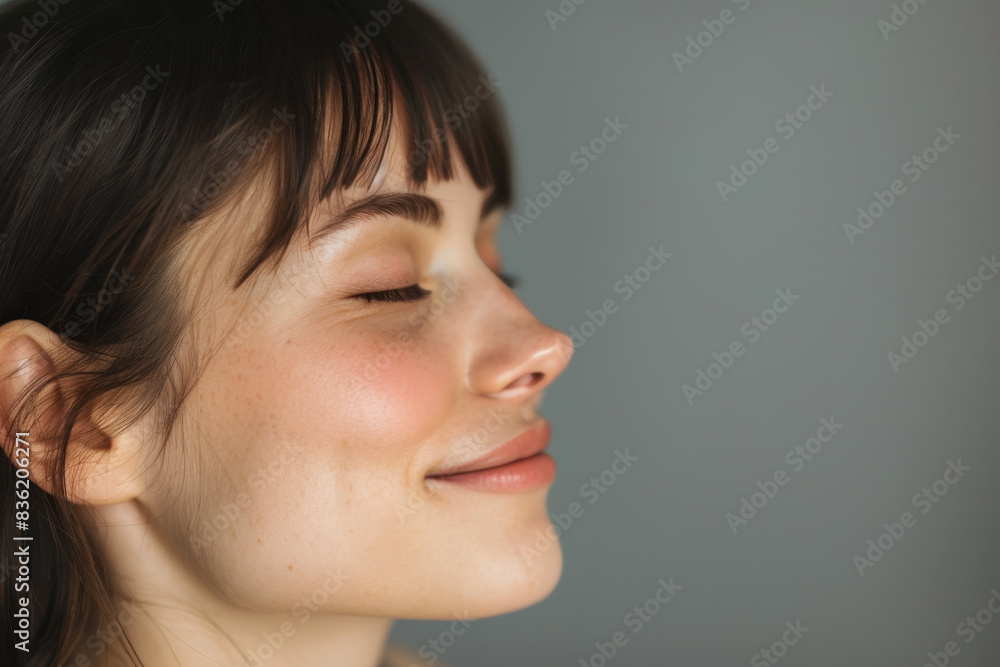 A close up of a woman's face with her eyes closed looking to a side A close up of a woman's face with her eyes closed looking to a side