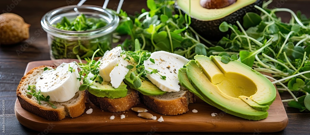 Fototapeta premium Healthy snack featuring a sandwich topped with soft-boiled egg, avocado, radish, arugula, green onion, and flax seeds, presented on a blue plate with copy space image.