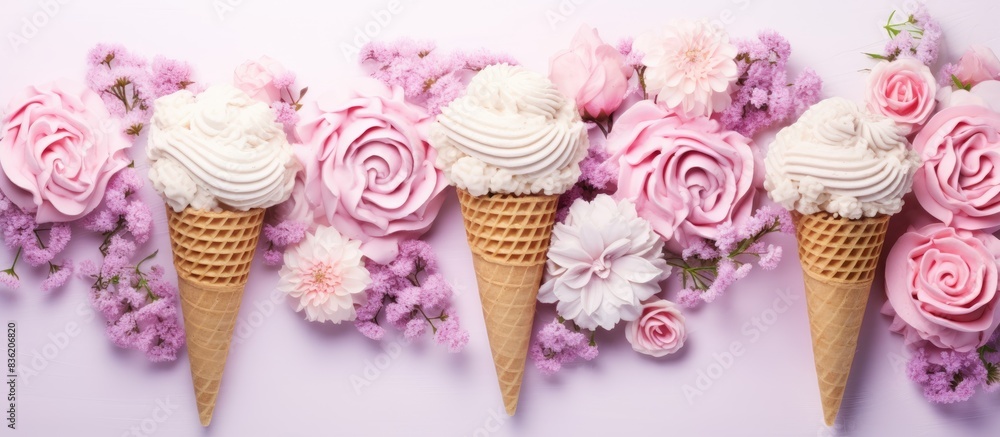 Minimal summer theme featuring an ice cream cone adorned with pink flowers and leaves on a vibrant pastel backdrop. Overhead view with creative arrangement in a square format with copy space image. Minimal summer theme featuring an ice cream cone adorned with pink flowers and leaves on a vibrant pastel backdrop. Overhead view with creative arrangement in a square format with copy space image.