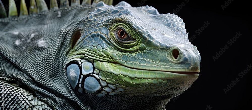 Fototapeta premium Endangered iguana basking in the sun on lush green grass with copy space image.